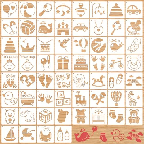 60stk Schablonen Babyparty zum Malen, 7,62cm Onesie-Dekorationsset für Babyparty Gemischte Süße Muster Wiederverwendbar Malvorlage für Body Schuhe Lätzchen Kleidung