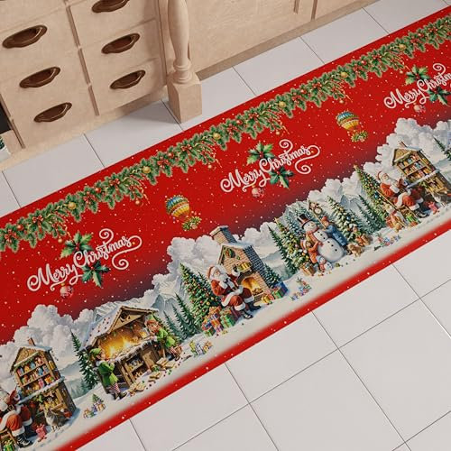 PETTI Artigiani Italiani - Tappeto Cucina Natalizio, Passatoia Cucina Natalizio, Tappeto Natalizio Cucina Antiscivolo e Lavabile, Tappeto per Natale 52x100 cm Villaggio di Babbo Natale, Made in italy