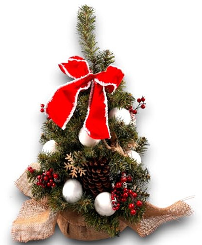 Albero di Natale da 60 o 80 cm con Decorazioni Natalizie 2 Varianti Elegante Albero Natalizio con Fiocco, Pigne, Palline e Bacche Perfetto per Decorazioni Natalizie (Juta, 60 Cm)