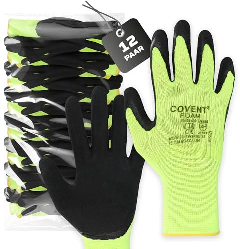 Covent FOAM Guantes de trabajo para hombre, talla 11, juego de 12 unidades, guantes de montaje, categoría II, EN388, guantes de construcción para constructores, mecánicos y montadores