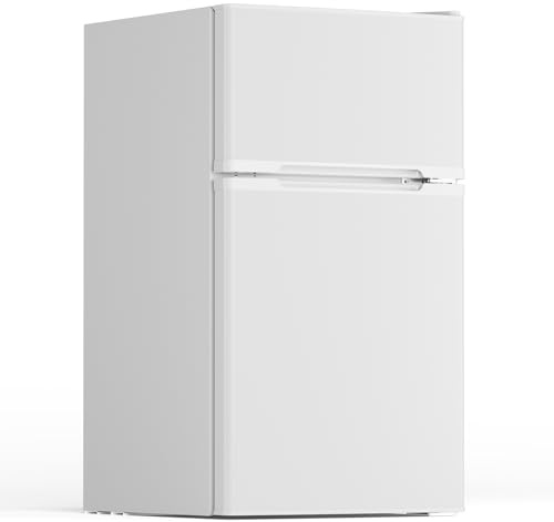 Electactic - Nevera pequeña con congelador de 3.1 pies cúbicos, refrigerador compacto con 2 puertas, mini refrigerador con estantes de vidrio extraíbles ajustables para recámara, recámara o