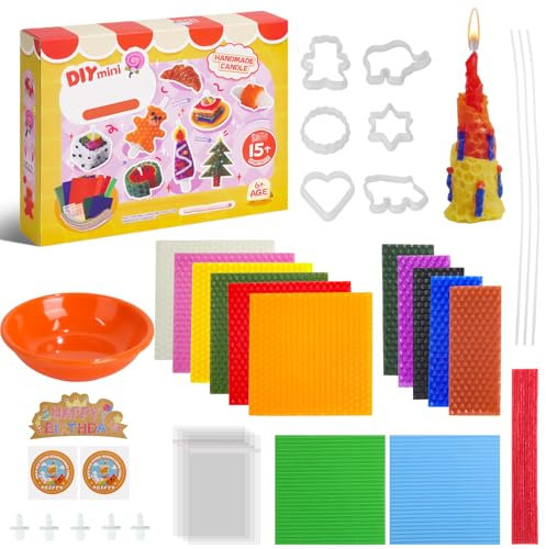 Lucywey Juego de fabricación de velas de cera de abejas, 12 colores placas de cera de abejas con mecha de algodón, velas de cera de abejas, para adultos y niños