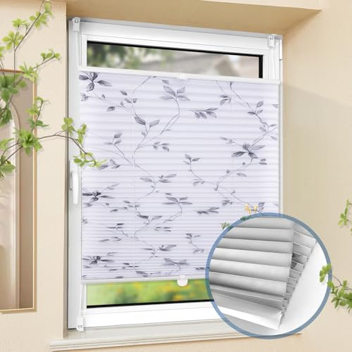 Plissee ohne Bohren Verdunkelung mit Muster Weiß-blätter 85x100cm(BxH) Thermo Plissee Klemmfix Verdunklung Jalousien zum Klemmen Plissees Sichtschutz Fenster innen 100% Blickdicht