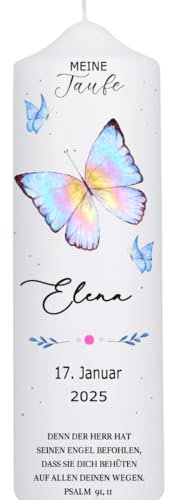 Taufkerze Mädchen oder Jungen mit Taufspruch, Motiv mit Schmetterlingen, 25cm x 8 cm, personalisierte Kerze, bedruckte Kerze zur Taufe, Stumpenkerze, individuelles Taufgeschenk