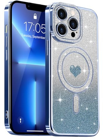 Lafunda Magnetic for iphone 13 Pro Case Glitter, Blue | Compatible with Magsafe, Luxury Plating Sparkle Cute Heart Pattern Case for Women Girls, Glossy Soft TPU Shockproof Cover