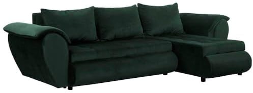 FORNIRO 24 Sierano Ecksofa 265x143x83cm Grün Wohnzimmer Couch Schlafsofa | Mit Schlaffunktion & Bettkasten - L-Form - Kissen - Stoff Komfort | ausziehbar Gäste bequem Stauraum Design hochwertig robust
