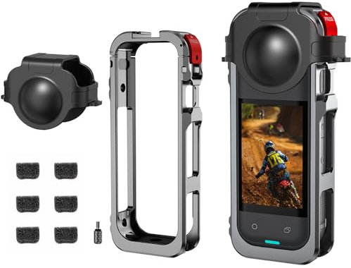 Rabbit Cage Aluminum Protective Case for Insta360 X5, Multifunctional Metal Frame Expansion Adapter Mount with Lens Cover and 6pcs Mic Wind Muff for Insta 360 X5 Action Camera Accessories