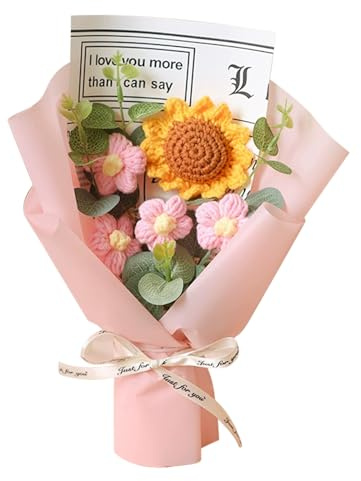 Hand Woven Sunflower Bouquet,Completed Handmade Crochet Flower Bouquet,Preserved Floral Gift for Family Lover Friend Teacher,Knitted Artificial Flowers for Home Decoration Graduation Gift (Pink)
