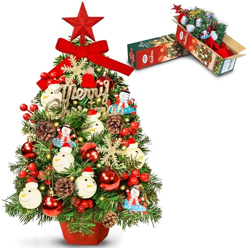 JOY SPOT! 60cm Mini Weihnachtsbaum mit Beleuchtung, Kleiner Künstlicher Weihnachtsbaum mit Snowman & Sternspitze, DIY Weihnachtsbaum geschmückt, Tannenbaum klein für Weihnachten Deko