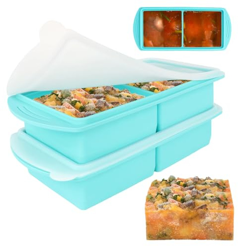Lotvic 2 Pack Soup Cube Silicone Freezer Tray, 1000ML Soup Freezer Containers with Lid, 2-Compartment, Makes 4 2-Cup Portions Cubes, Soup Cube Freezer Tray for Meal Prep, Soup, Sauce (Blue)