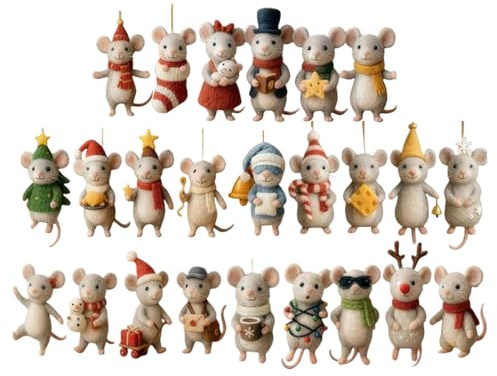 zjhukfmc Mäuse Weihnachts Countdown Kalender 2025 2D Acryl Mäusen Anhänger Weihnachtskalender 24 Tage Mäuse Baum Anhänger Süße Tiermäuse Figur Adventskalender für Spiegel Bäume Wände Wohnräume