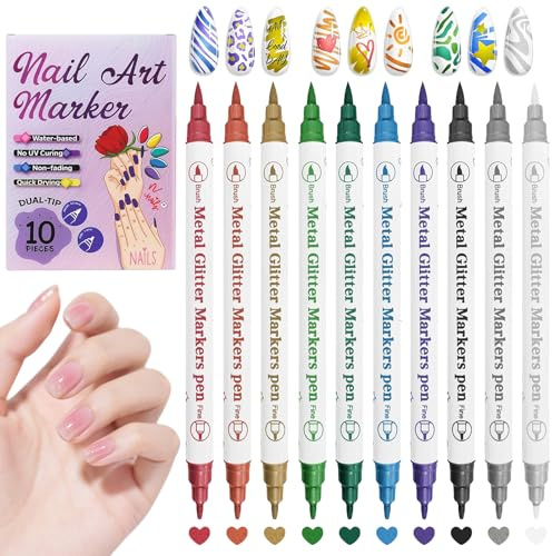 Yolkify 10 Colors Nail Art Pens Set, Nail Art Markers, Dual-Head Metallic Nail Art Painted Pen Kit, 3D Quick-Dry 1-6MM Nail Polish Pens, for Nails Art Design Manicure Nail DIY Home Salon