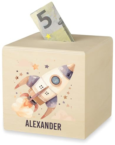 polar-effekt Holz Spardose 10x10 quadratisch mit UV-Druck für Jungen - Personalisierte Sparbüchse für Kinder Namen veredelt