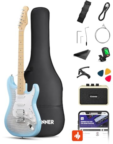 Donner DST-90 Chitarra Elettrica 39 Pollici, Kit Chitarra Elettrica per Principianti con Amplificatore, Pickup HSS, Custodia, Accordatore, Capotasto, Tracolla, Corde, Cavo e Plettri, Plumbago Burst