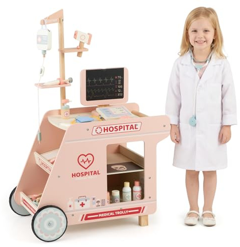 COSTWAY Kinder Arztwagen, Holz Arzt-Set mit 23 Zubehörteilen, Rollenspiel Arzt-Trolley mit CT-Maschine & Stethoskop, Spiel-Arztpraxis, medizinisches Spielzeug für Jungen & Mädchen ab 3 Jahren