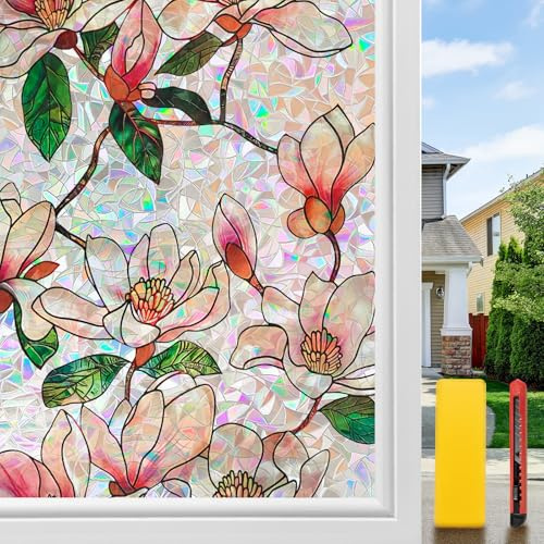 Aurathon Fensterfolie Blickdicht Sichtschutzfolie Fenster Fensterfolie Bunt mit 3D Regenbogen-Effekt mit Montagematerial Selbsthaftend Anti-UV Statische für Schlafzimmer Büro Wohnzimmer 44.5x200cm