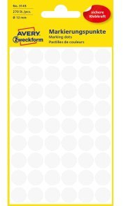 Avery 3145 Circle Weiß 270pc (S) – selbstklebend Label (weiß, Kreis, Papier, 1,2 cm, 54 Stück (S), 270 PC (S))
