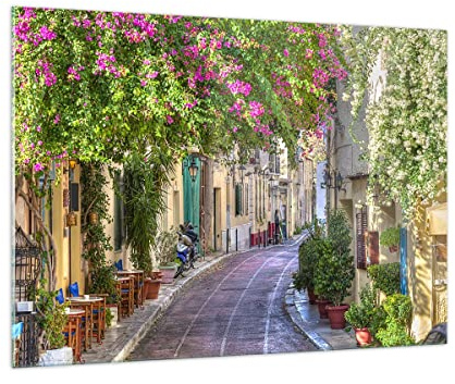 Bilder auf Glas 100x70cm Glasbild Straße dekoration blumen griechenland Groß Wanddeko Bild im Glas Schlafzimmer Küche Deko Wandbilder Dekoration Wohnzimmer Modern Wand Kunstdruck Art GAA100x70-2429