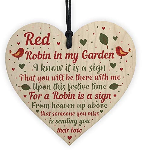 RED OCEAN Robins Appear When Loved Ones Are Near Wooden Hanging Heart Memorial Christmas Tree Decoration Plaque Bauble