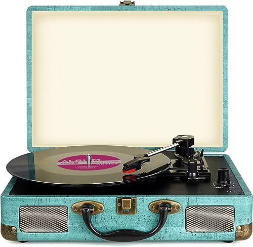 Record Player Vintage 3-Speed Bluetooth Vinyl Turntable with Stereo Speaker, Belt Driven Suitcase Vinyl Record Player