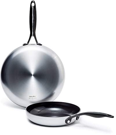 GreenPan Venice Pro Noir 26cm & 30cm Bratpfannen-Set, 3-lagiger Edelstahl, gesunde Keramik-Antihaftbeschichtung, Mattschwarzer Griff, PFAS-frei, Induktion, Spülmaschinengeeignet, Backofenfest, Silber