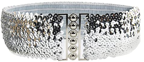YouU Damen Frauen Elastic Stretch Schnalle Stil Paillettenbesatz Taille Band Gürtel (Silber)