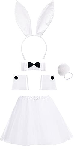SATINIOR Damen Hase Zubehör Kostüm Set, Kaninchenohr Stirnband, Manschetten, Kragen Fliege, Kaninchen Schwanz für Halloween Weihnachten Cosplay Party
