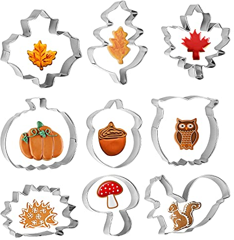 WEDNOK 9pcs Autumn Cookie Cutters Thanksgiving Biscuit Cutter Set Stainless Steel DIY Cookie Cutter with Maple Leaves Hedgehog Pumpkin Squirrel Acorn Mushroom Owl Pattern for Fall Party Baking
