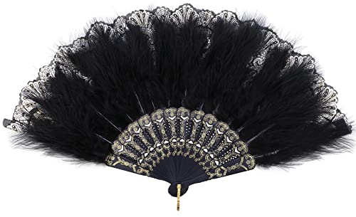 MWOOT Damen Fächer Feder, Embroidered Flower Marabou Feather Fan, 1920s Vintage Style Folding Handheld Feather Fan, Flapper Hand Fan for Costume Halloween Dancing Wedding Party Prom Tea Party - Black