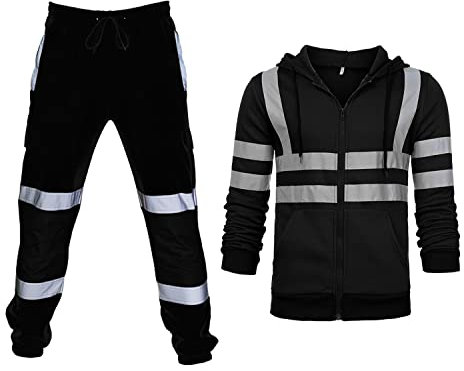 Pekoi Tuta da Uomo ad Alta visibilità Tuta con Cappuccio Riflettente di Sicurezza Giacca con Nastro Riflettente Pantaloni della Tuta Pantaloni Abbigliamento da Lavoro Tuta da Esterno
