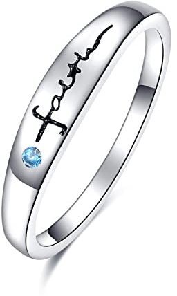 Glaube Ringe 925 Sterling Silber Blauer Zirkonia Finger Ring Gravierter Schmuck Geburtstags Geschenke für Damen Frauen Herren Männer (Einheitsgröße: 18/56.5)