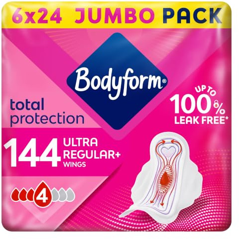 Bodyform Ultra Normal Sanitary Towels with Wings, 144 (24 x 6 Packs) | SecureFit leakage protection, Period Pads, Ultra-breathable Top Layer