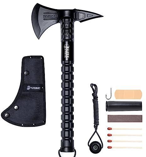 Profi Militär Axt Tomahawk Lizenziertes USMC Plus Survival Kits und Compas Campingaxt Axt Survival Outdoor Axt Survival Axt, Erwachsene Äxte Campingbeil Beil inkl. Kopftasche M-X001