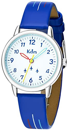 KDM Kinderuhr Mädchen Jungen Lernuhr Kinder Armbanduhr Analog Quarz Leder Leuchtend Wasserdicht Uhr Zeit Lehrer, Geschenke für Kinder 3-12 Jahre, Blau Weiß