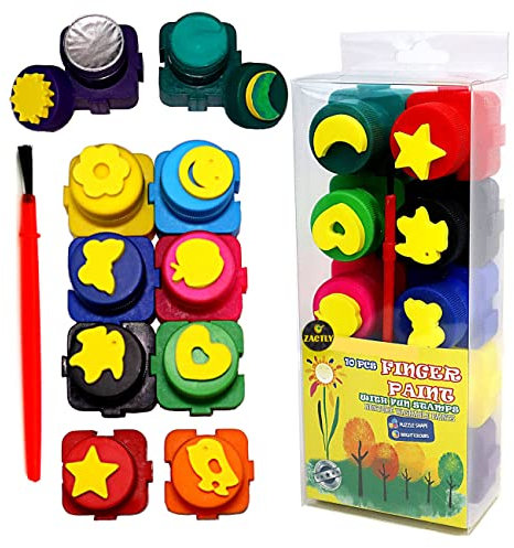 ZACTLY 4 in 1 11PCS Kids Finger Paints With Colorful Fun Stamps, Interlocking Blocks And Brush – Non-toxic, Safe & Washable Arts Paint Set Kit For Toddlers Babies Adults Gift Set (1)