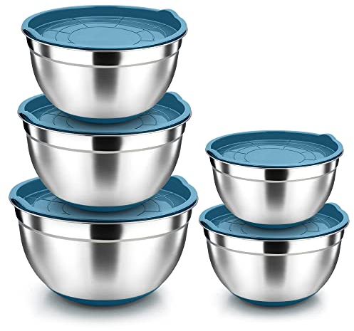 Herogo Lot de 5 saladiers mélangeurs en acier inoxydable avec couvercle bleu et fond en silicone antidérapant, pour la pâtisserie, inoxydables et passent au lave-vaisselle (4,5/2,7/1,5/1,2/0,7 l)
