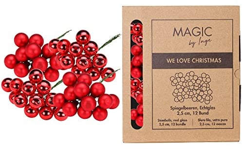Inge-glas Weihnachtskugeln am Draht Glas 2.5cm x 144 Stück Spiegelbeeren in Kartonbox rot Merry Red, Rot,weiß