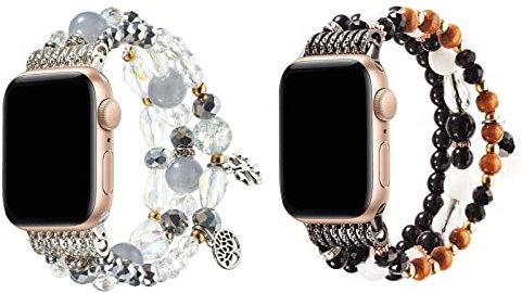 JewelryWe Boho Perlenarmband für Apple Watch: 2pcs Damen Ersatzarmband Kompatibel mit Apple Watch 42mm 44mm 45mm Armband für iWatch Series 7/6/5/4/3/2/1 Elastisch Perlen Armband Lebensbaum Schwarz