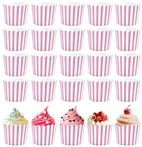 PFLYPF 50 Stück rosa und weiß gestreifte Pappbecher, Kuchendekoration, Muffin Cake Zubehör, geeignet für Kuchen, Eis, Desserts, Hochzeiten, Geburtstagsfeiern usw.