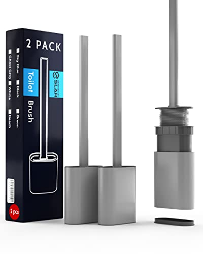 SLAH Grey Toilet Brush Set Pack of 2 Bathroom Silicone Toilet Brushes and Holders with Long Non-Slip Plastic Handle and Gentle Pliable Bristles Along Dripless Base silicone toilet brush (Ghost Grey)