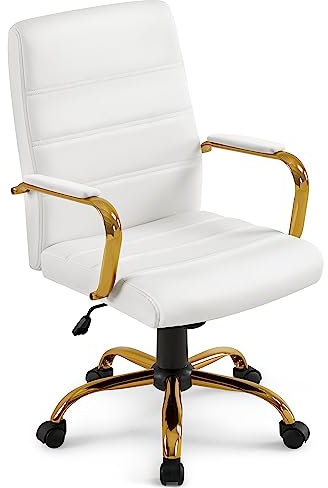 Yaheetech Sedia Scrivania Ufficio Ergonomica Ecopelle Girevole Reclinabile Imbottita con Rotelle e Braccioli Altezza Regolabile Portata 130 kg Bianco/Oro