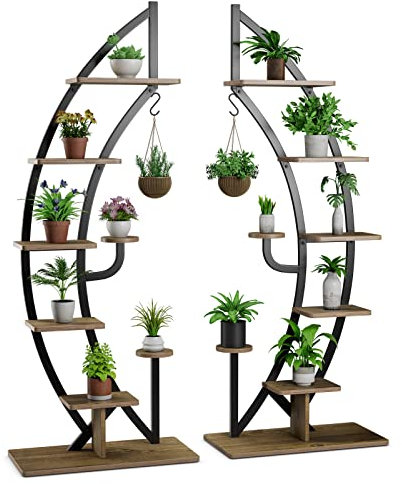 COSTWAY Scaffale per Piante a 7 Livelli, Scaffale a Forma di Mezza Luna con Gancio e Dispositivo Antiribaltamento, Porta Piante e Fiori per Interno e Soggiorno, 60 x 30 x 155 cm (2 PEZZI)