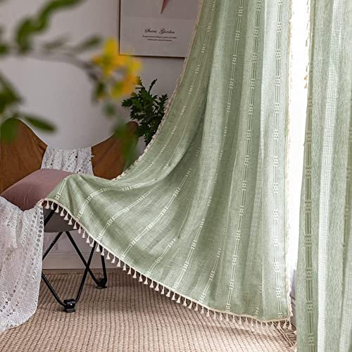 Nyescasa Boho Vorhang Landhausstil Baumwolle Leinen Quaste Gardine Grün Vintage Bestickte Vorhänge mit Ösen Lichtdurchlässig für Wohnzimmer Schlafzimmer Dekoschal 2 Stück 214x132cm(H×B)