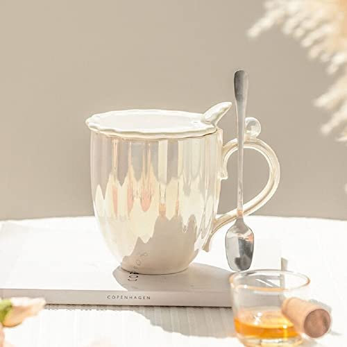 FülleMore 420ml große Kaffeetasse mit Deckel und Löffel Süßes Muschel Desgin Keramik Kaffeebecher Kakaobecher Geburtstag Weihnachten Geschenk Trinkbecher für Büro,Zuhause (Weiß)