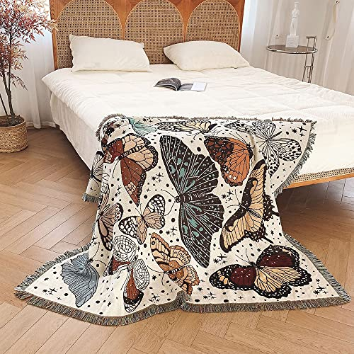 Menkala Kuscheldecke Boho Decke Schmetterling Muster Sofadecke mit Fransen Tagesdecke 130x160 Strickdecke Wohndecke Couchdecke Deko für Sofa Büro Betten Reisen Wohnzimmer Schlafzimmer Bunt