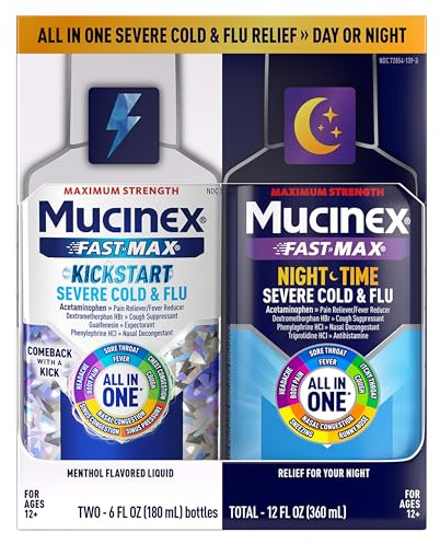 Mucinex Fast-Max Kickstart Severe Cold and Flu Medicine for Adults, Liquid Cold Medicine & Cough Medicine for Adults, Generic Expectorant Guaifenesin & Cough Suppressant Dextromethorphan, 2x6 fl oz