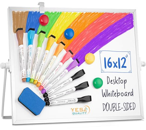 Trocken abwischbares magnetisches Whiteboard (40 x 30 cm) mit rutschfestem Ständer, tragbares Desktop-Whiteboard mit 10 bunten Markern, 4 Magneten und 1 Radiergummi von Yes4Quality