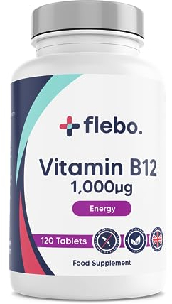 Flebo Premium Vitamin B12 Tablets High Strength, Cyanocobalamin B12 1000mcg, 120, Vegan B12 Supplement Made in UK to Help Reduce Tiredness and Fatigue- Recommended by UK Doctors at Flebo.