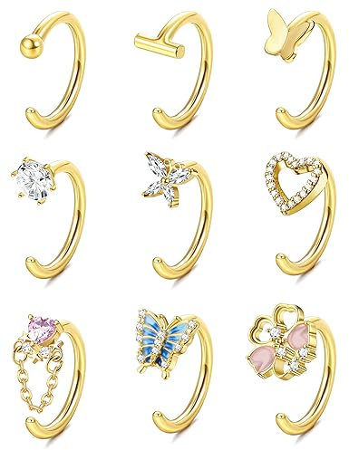 Kakonia 9Stück 14G Bauchnabelpiercing Ring Offen für Damen Piercing Bauchnabel Lippe Edelstahl Chirurgenstahl Mini Nabelpiercing Silber Rosegold Gold Herz Kurz Hinged CZ Schmuck Damen