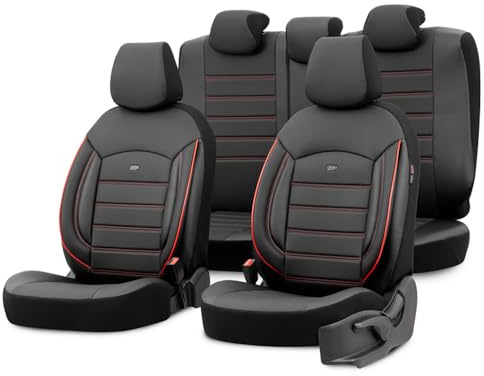 otoM Universelle Voll-Leder Sitzbezüge 'Inspire' Schwarz + Rotes Rand - 11-Teilig- - kompatibel mit Side-Airbags